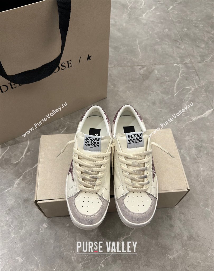 Golden Goose Stardan Sneakers in white nappa leather and grey suede with pink glitter star and heel tab 2024 (13-240530030)