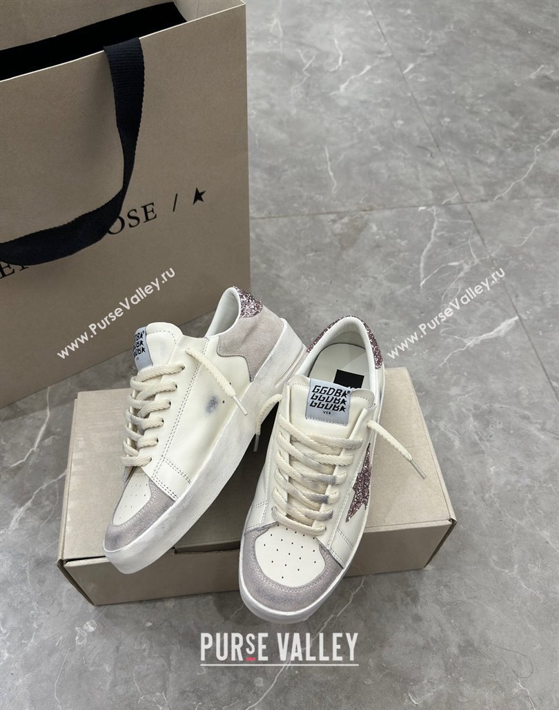 Golden Goose Stardan Sneakers in white nappa leather and grey suede with pink glitter star and heel tab 2024 (13-240530030)