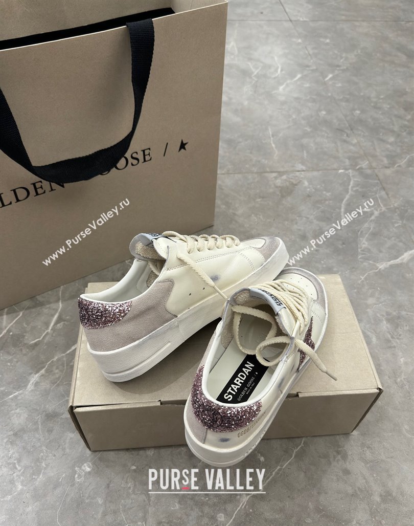 Golden Goose Stardan Sneakers in white nappa leather and grey suede with pink glitter star and heel tab 2024 (13-240530030)