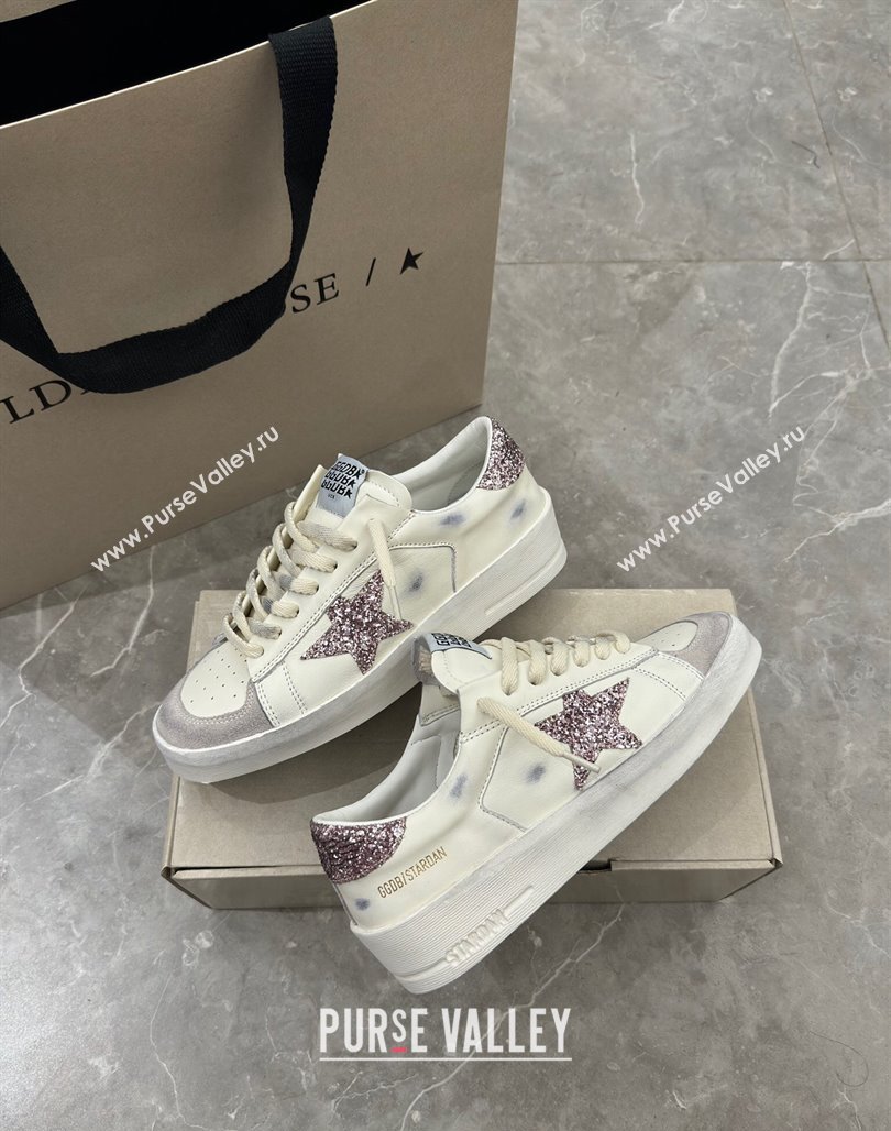 Golden Goose Stardan Sneakers in white nappa leather and grey suede with pink glitter star and heel tab 2024 (13-240530030)