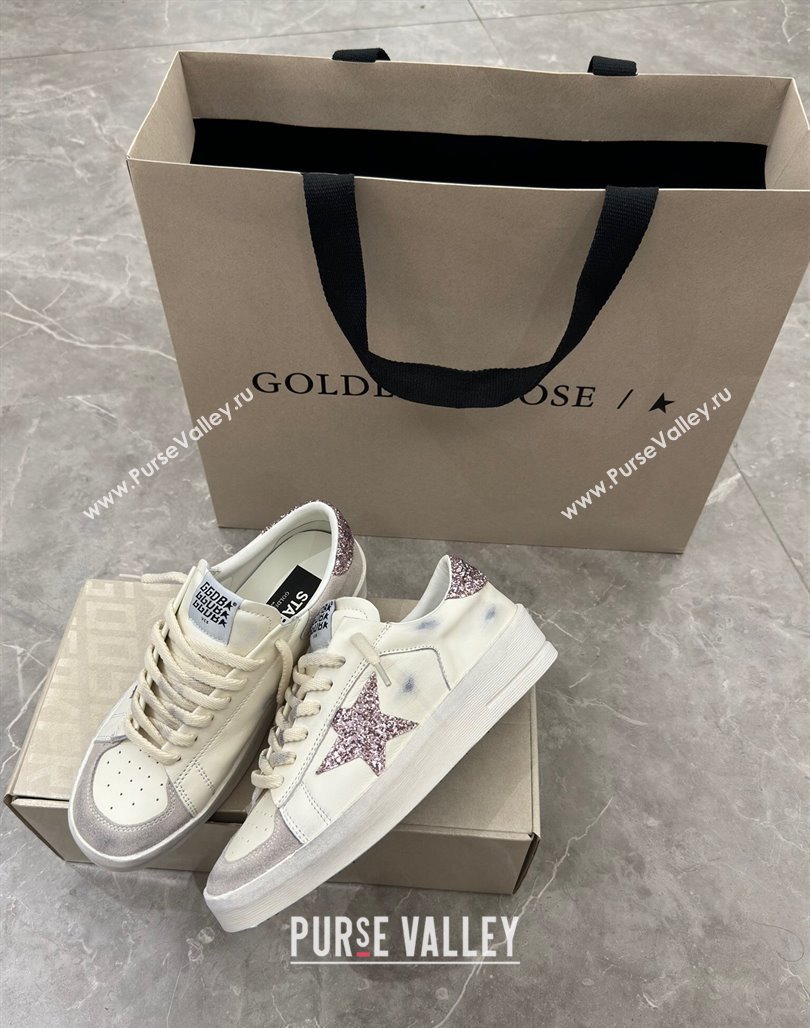 Golden Goose Stardan Sneakers in white nappa leather and grey suede with pink glitter star and heel tab 2024 (13-240530030)