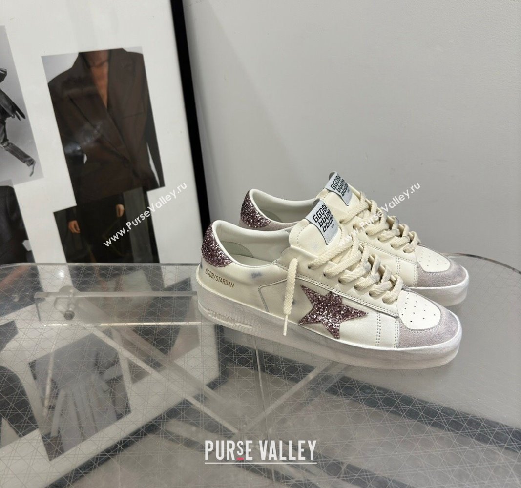 Golden Goose Stardan Sneakers in white nappa leather and grey suede with pink glitter star and heel tab 2024 (13-240530030)