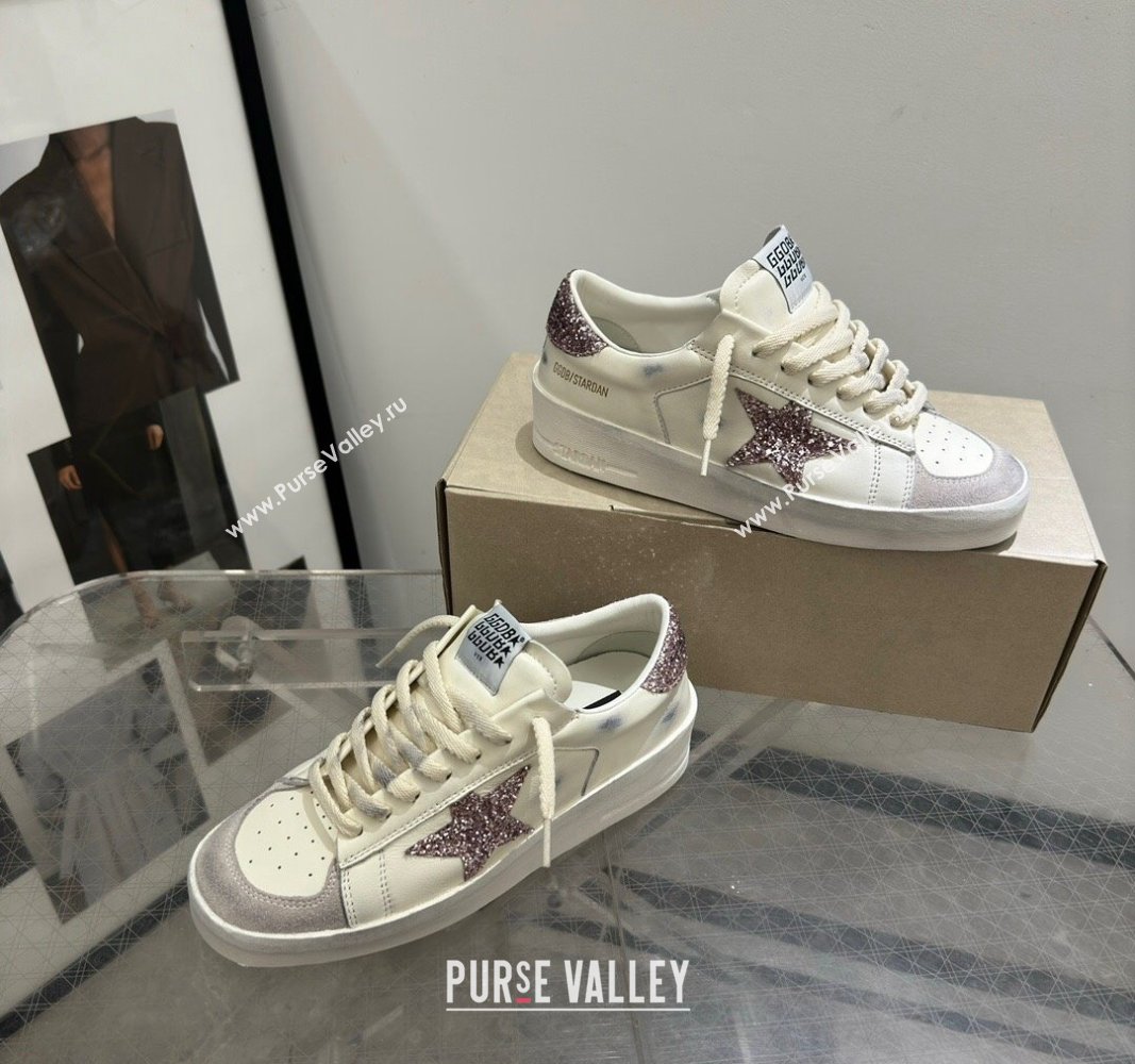 Golden Goose Stardan Sneakers in white nappa leather and grey suede with pink glitter star and heel tab 2024 (13-240530030)