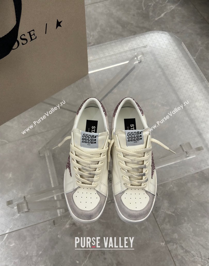 Golden Goose Stardan Sneakers in white nappa leather and grey suede with pink glitter star and heel tab 2024 (13-240530030)