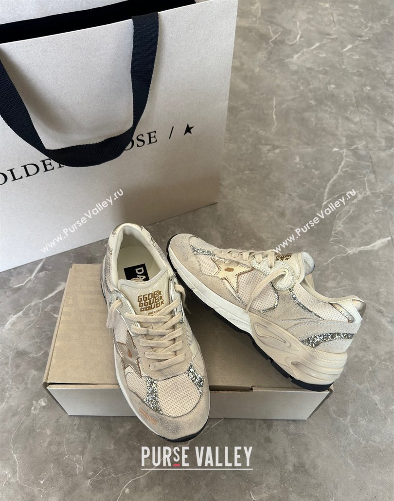 Golden Goose Dad-Star Sneakers in white mesh and grey suede with glitter 2024 (13-240530032)