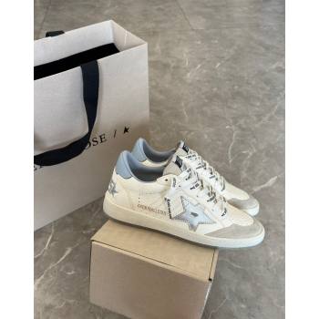 Golden Goose Ball Star Sneakers in white leather with silver star and light blue tab 2024 (13-240530025)