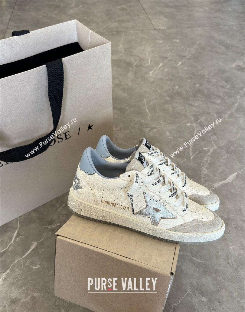 Golden Goose Ball Star Sneakers in white leather with silver star and light blue tab 2024 (13-240530025)