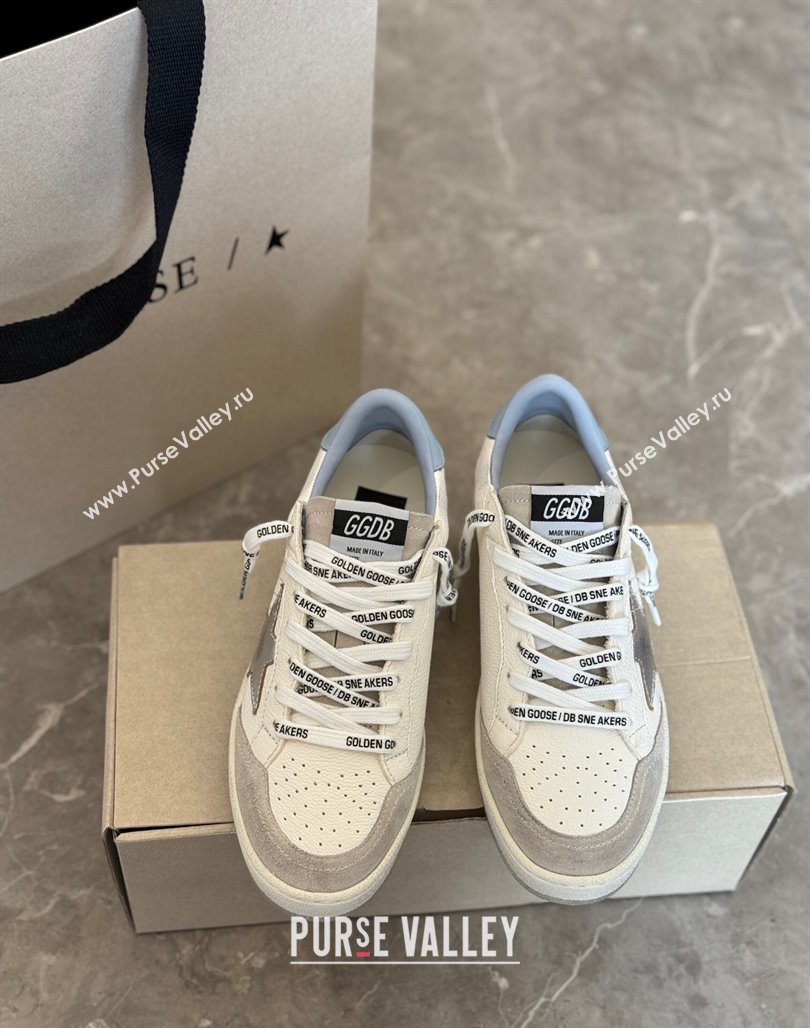 Golden Goose Ball Star Sneakers in white leather with silver star and light blue tab 2024 (13-240530025)