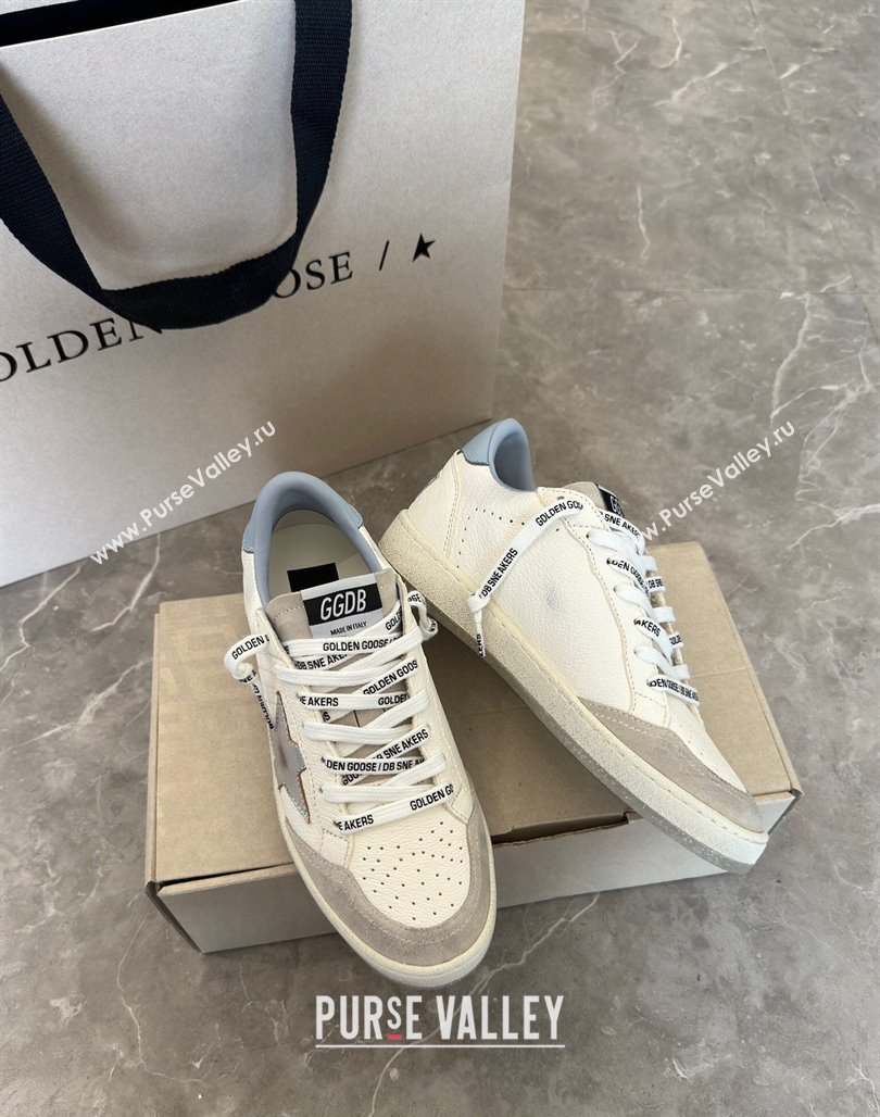 Golden Goose Ball Star Sneakers in white leather with silver star and light blue tab 2024 (13-240530025)