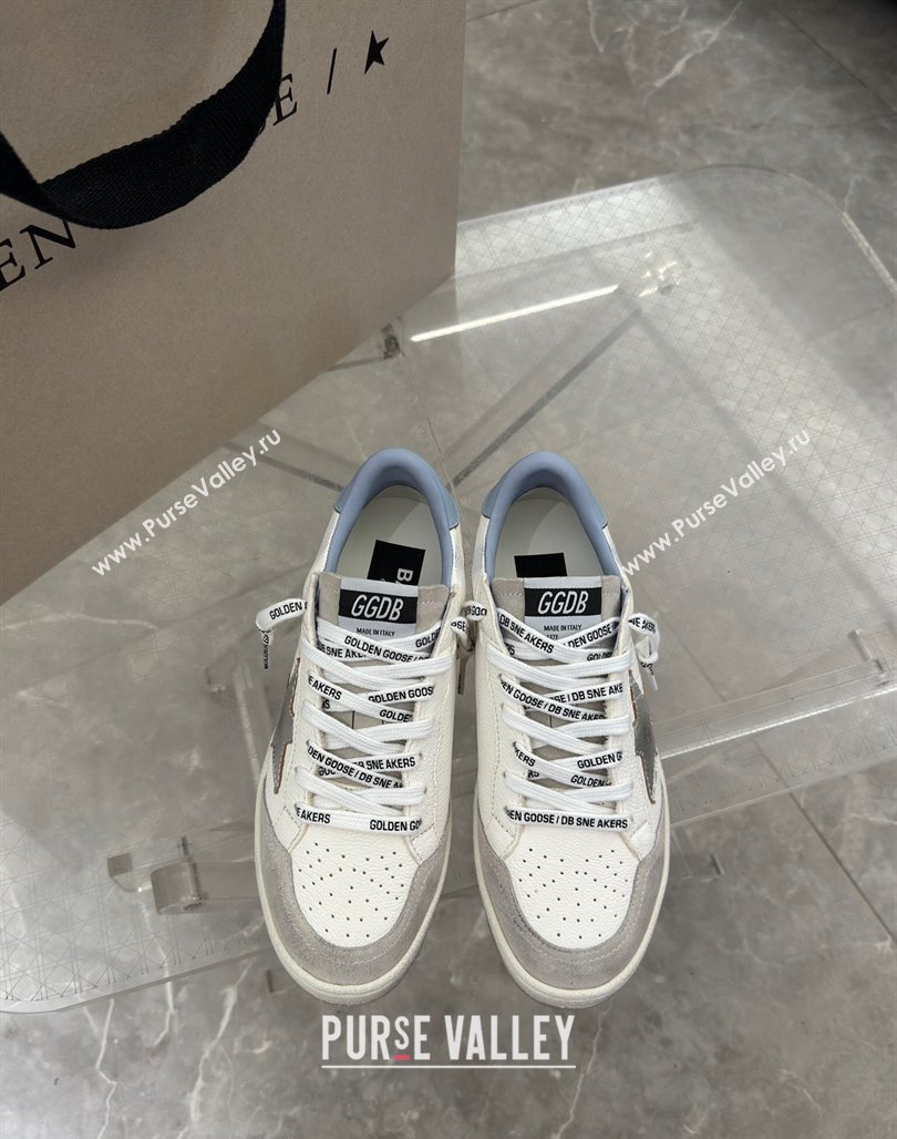 Golden Goose Ball Star Sneakers in white leather with silver star and light blue tab 2024 (13-240530025)