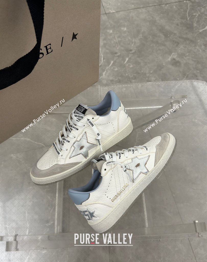 Golden Goose Ball Star Sneakers in white leather with silver star and light blue tab 2024 (13-240530025)