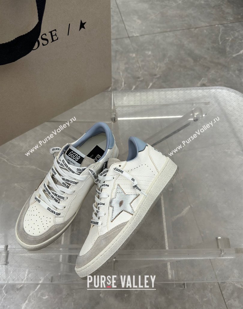 Golden Goose Ball Star Sneakers in white leather with silver star and light blue tab 2024 (13-240530025)