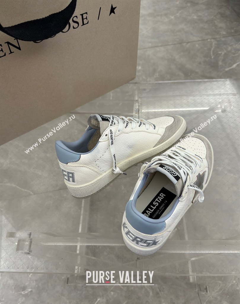 Golden Goose Ball Star Sneakers in white leather with silver star and light blue tab 2024 (13-240530025)