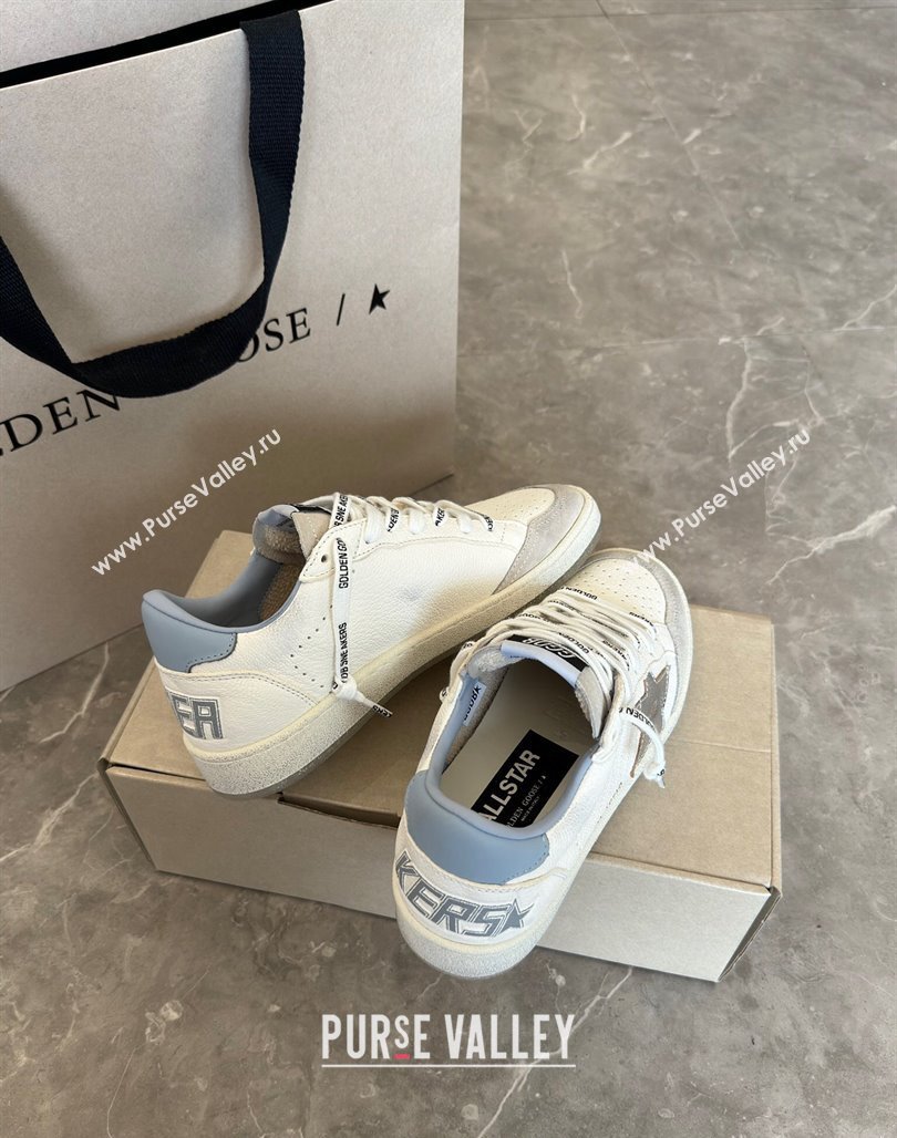 Golden Goose Ball Star Sneakers in white leather with silver star and light blue tab 2024 (13-240530025)