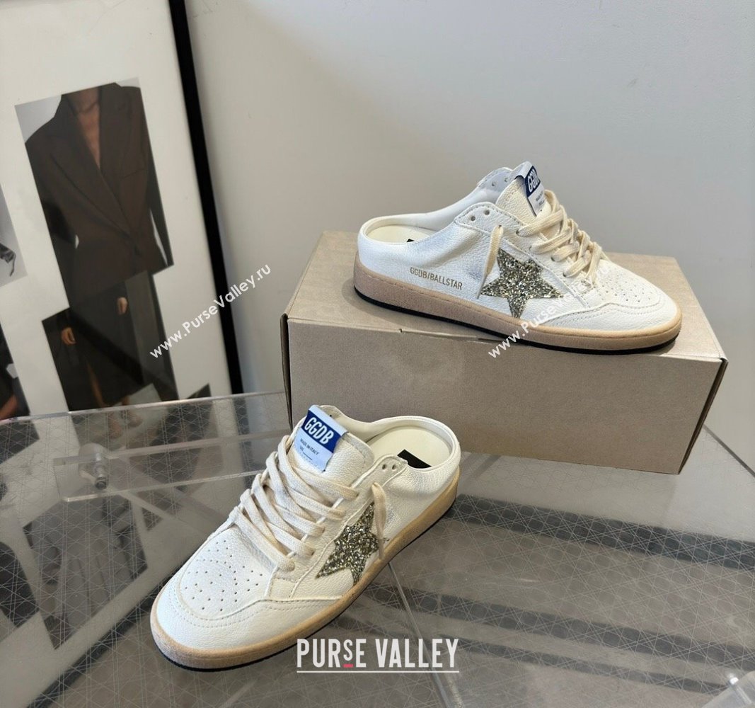 Golden Goose Ball Star Sneaker Mules in white leather with gold glitter star 2024 (13-240530026)