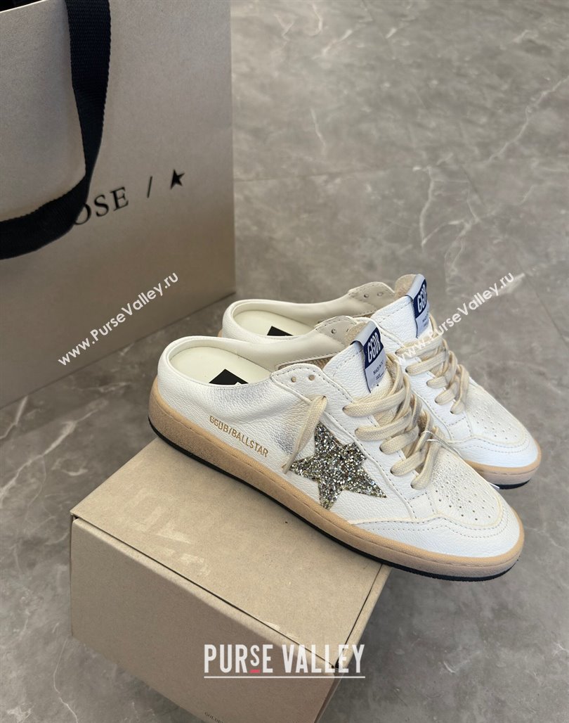 Golden Goose Ball Star Sneaker Mules in white leather with gold glitter star 2024 (13-240530026)