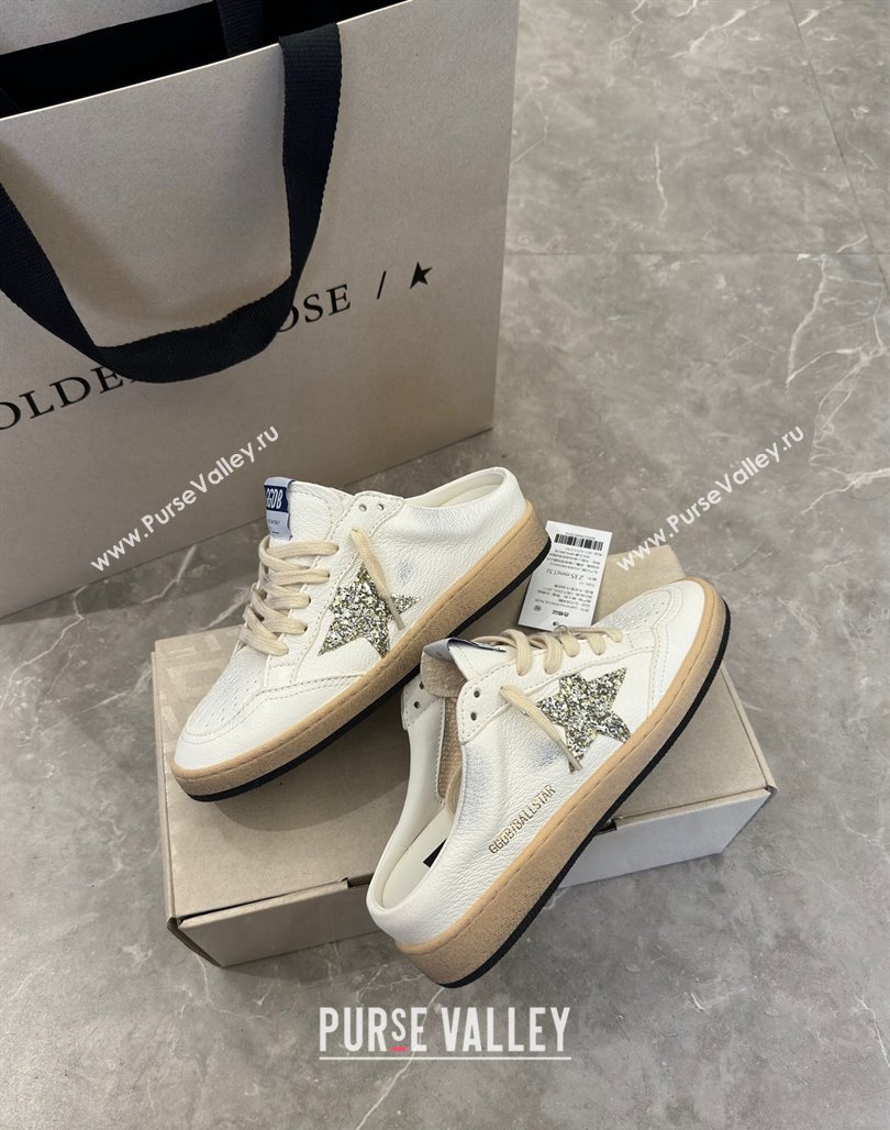 Golden Goose Ball Star Sneaker Mules in white leather with gold glitter star 2024 (13-240530026)