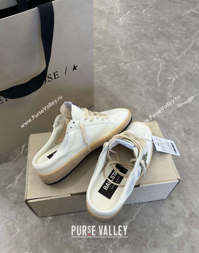 Golden Goose Ball Star Sneaker Mules in white leather with gold glitter star 2024 (13-240530026)