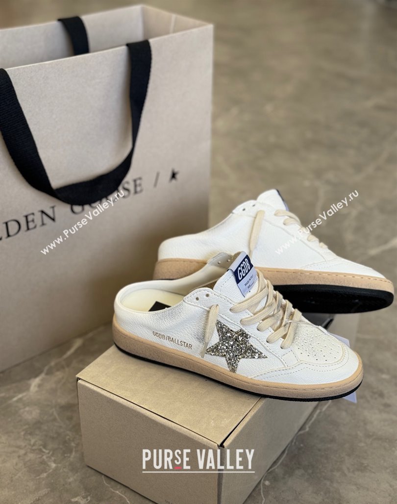 Golden Goose Ball Star Sneaker Mules in white leather with gold glitter star 2024 (13-240530026)