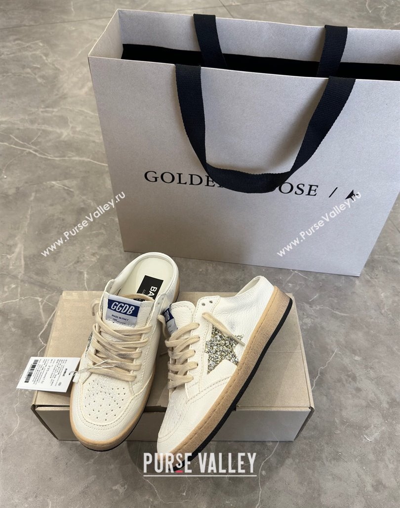 Golden Goose Ball Star Sneaker Mules in white leather with gold glitter star 2024 (13-240530026)