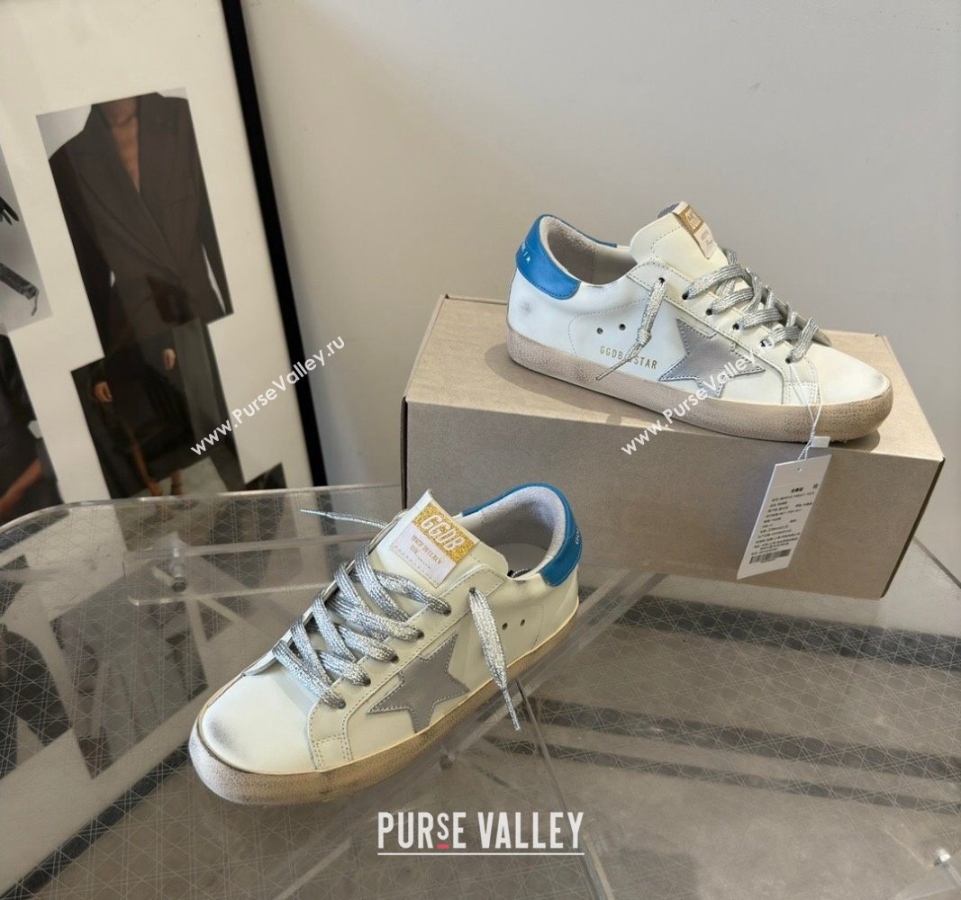 Golden Goose Super-Star Sneakers in White Leather with Silver Glitter Star and Blue Tab 2024 (13-240530016)