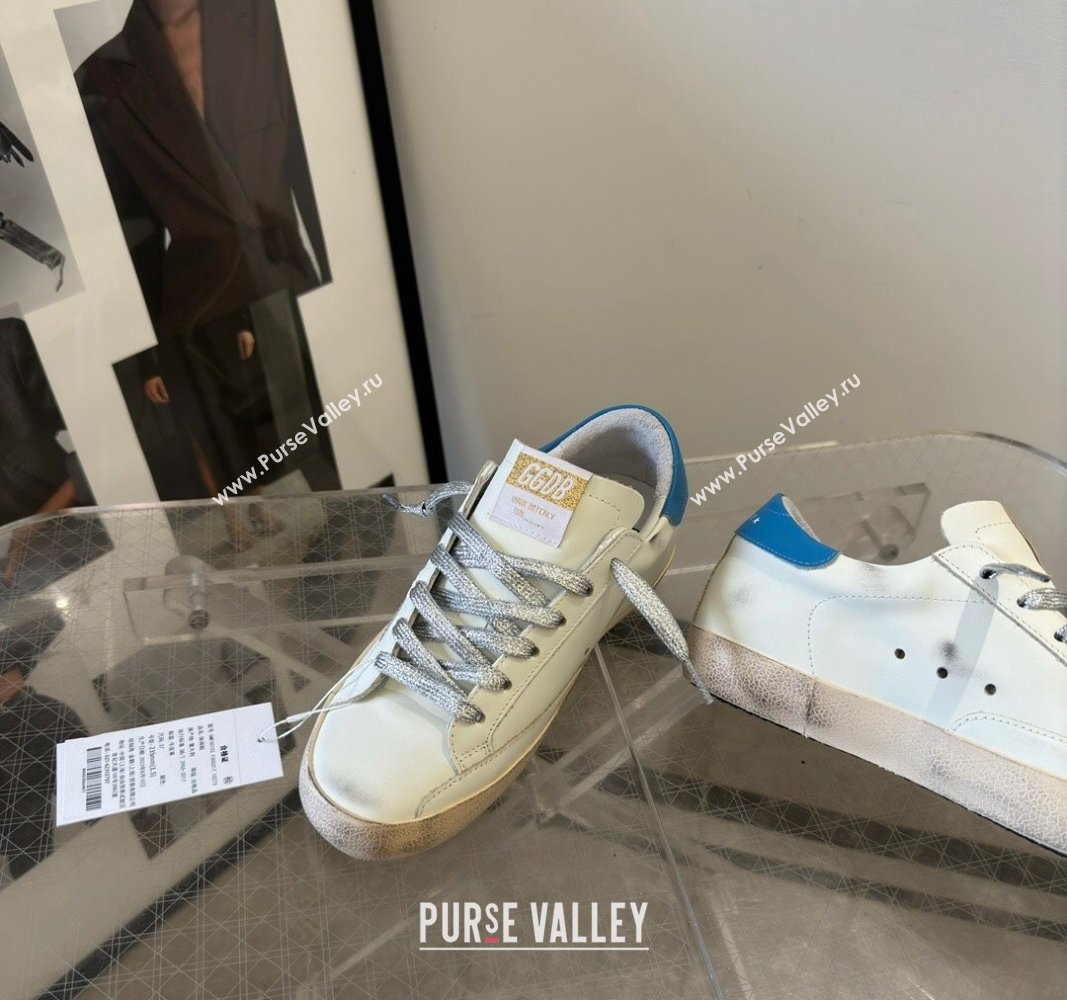 Golden Goose Super-Star Sneakers in White Leather with Silver Glitter Star and Blue Tab 2024 (13-240530016)