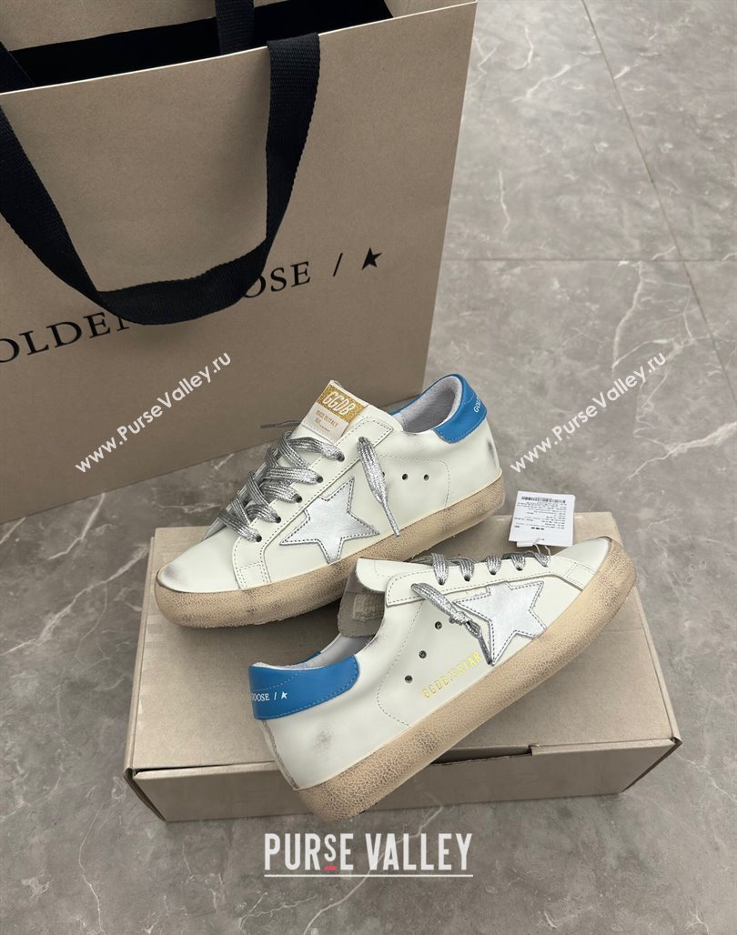 Golden Goose Super-Star Sneakers in White Leather with Silver Glitter Star and Blue Tab 2024 (13-240530016)