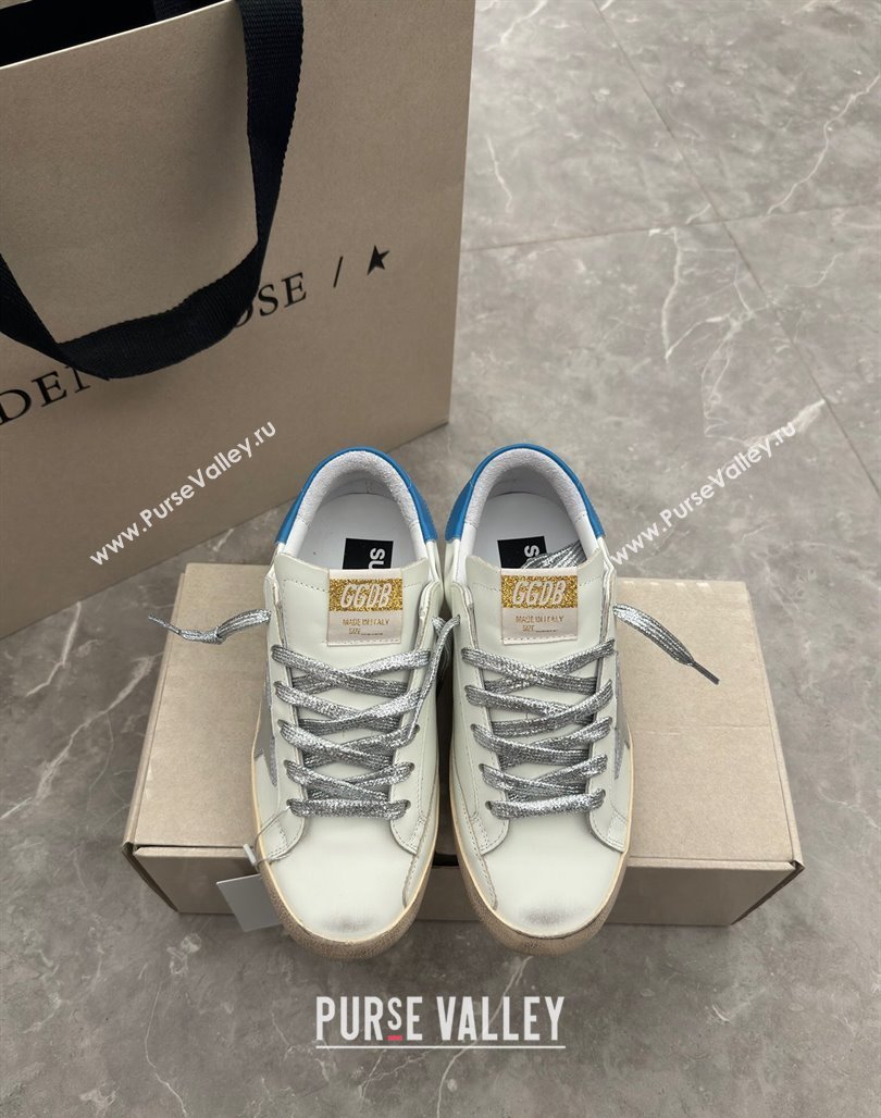 Golden Goose Super-Star Sneakers in White Leather with Silver Glitter Star and Blue Tab 2024 (13-240530016)