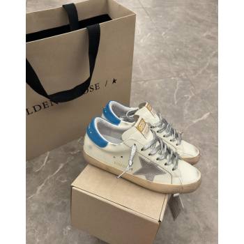 Golden Goose Super-Star Sneakers in White Leather with Silver Glitter Star and Blue Tab 2024 (13-240530016)
