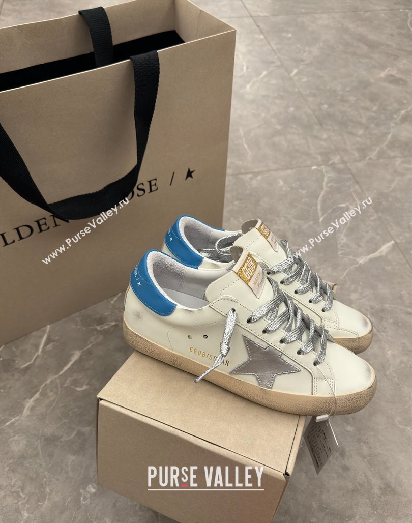 Golden Goose Super-Star Sneakers in White Leather with Silver Glitter Star and Blue Tab 2024 (13-240530016)