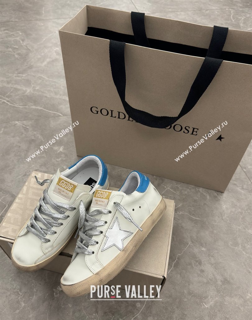 Golden Goose Super-Star Sneakers in White Leather with Silver Glitter Star and Blue Tab 2024 (13-240530016)