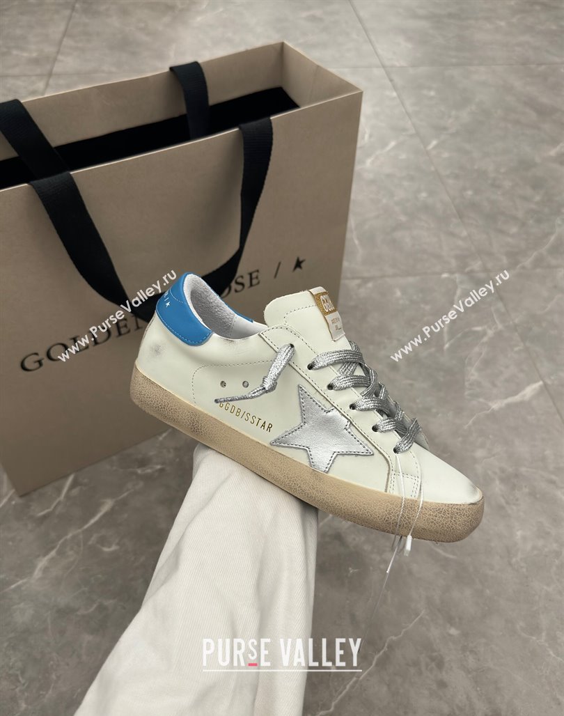 Golden Goose Super-Star Sneakers in White Leather with Silver Glitter Star and Blue Tab 2024 (13-240530016)