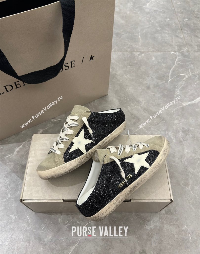 Golden Goose Super-Star Sneaker Mules in Grey Suede and Black Glitter with White Star 2024 (13-240530011)