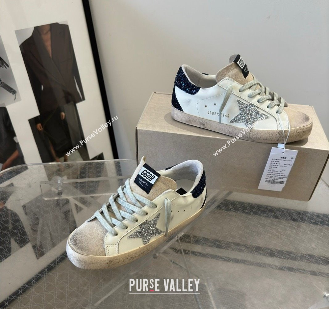 Golden Goose Super-Star Sneakers in White Leather with Silver Glitter Star and Blue Tab 2024 (13-240530017)