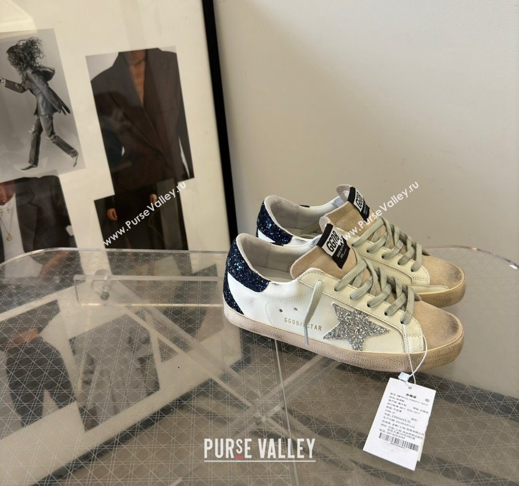 Golden Goose Super-Star Sneakers in White Leather with Silver Glitter Star and Blue Tab 2024 (13-240530017)