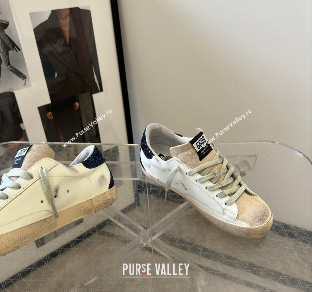 Golden Goose Super-Star Sneakers in White Leather with Silver Glitter Star and Blue Tab 2024 (13-240530017)