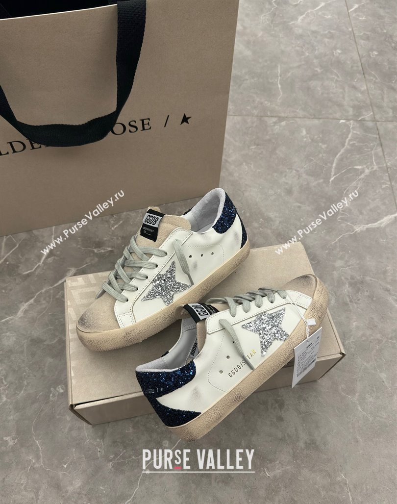 Golden Goose Super-Star Sneakers in White Leather with Silver Glitter Star and Blue Tab 2024 (13-240530017)