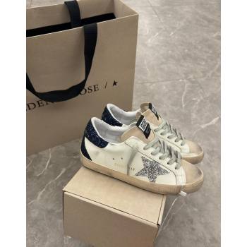 Golden Goose Super-Star Sneakers in White Leather with Silver Glitter Star and Blue Tab 2024 (13-240530017)