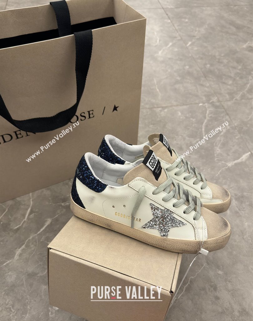 Golden Goose Super-Star Sneakers in White Leather with Silver Glitter Star and Blue Tab 2024 (13-240530017)