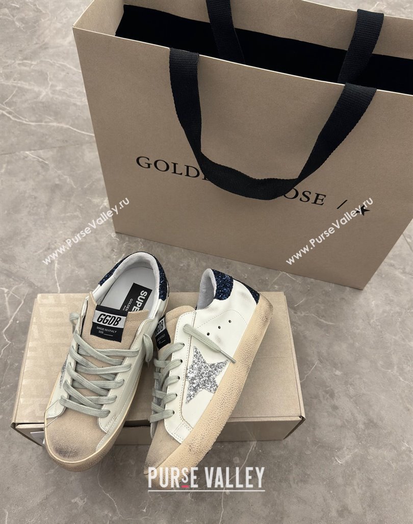 Golden Goose Super-Star Sneakers in White Leather with Silver Glitter Star and Blue Tab 2024 (13-240530017)