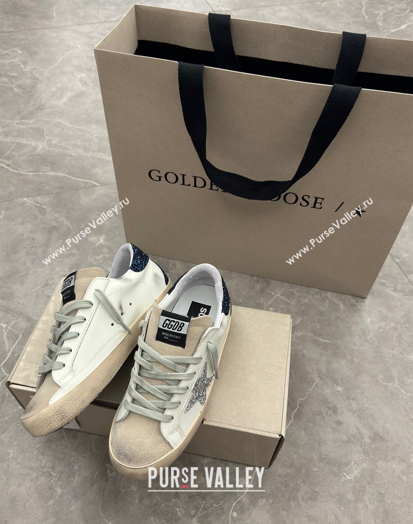 Golden Goose Super-Star Sneakers in White Leather with Silver Glitter Star and Blue Tab 2024 (13-240530017)