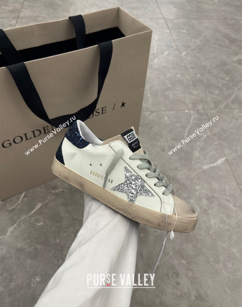 Golden Goose Super-Star Sneakers in White Leather with Silver Glitter Star and Blue Tab 2024 (13-240530017)