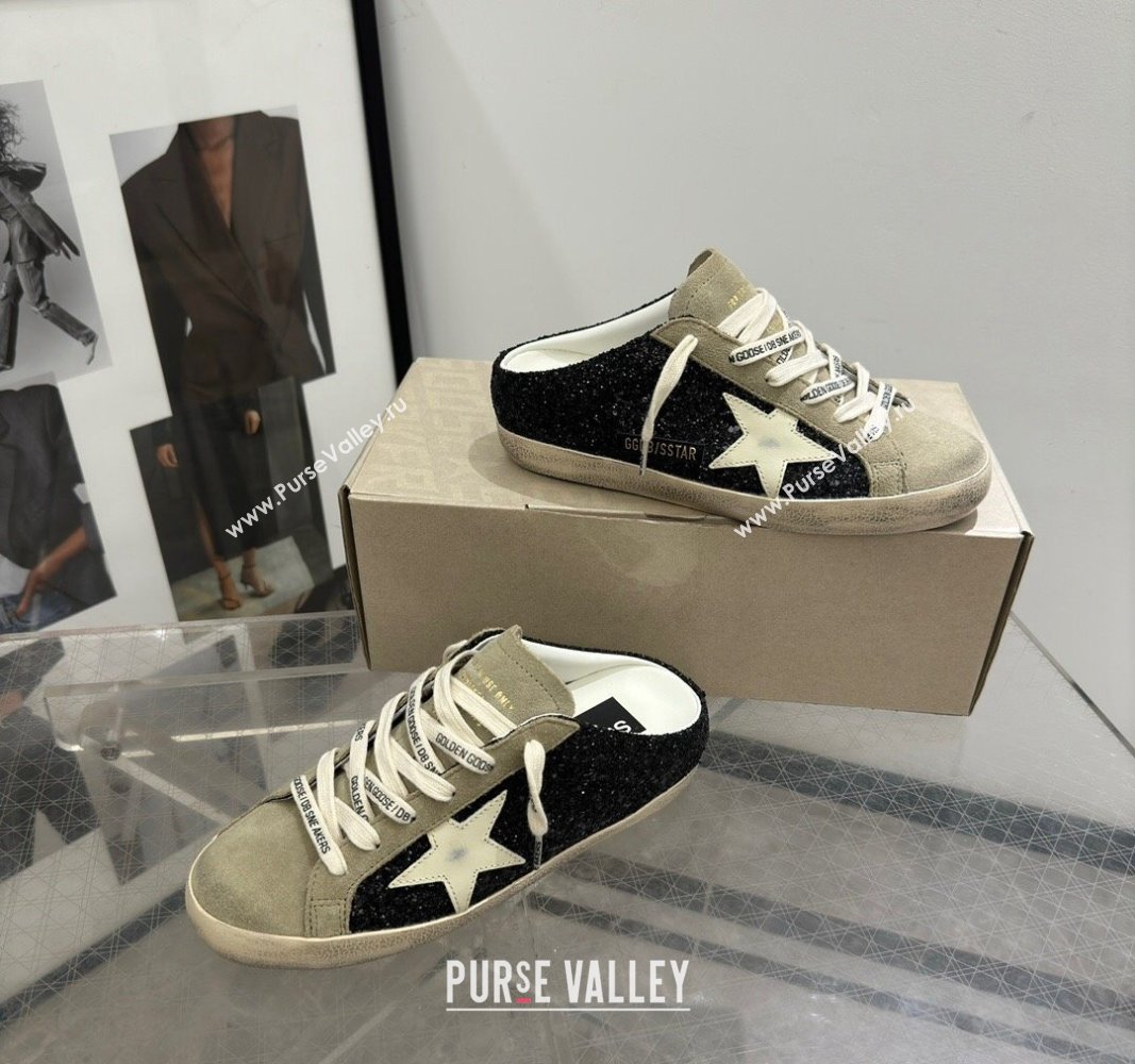Golden Goose Super-Star Sneaker Mules in Grey Suede and Black Glitter with White Star 2024 (13-240530011)