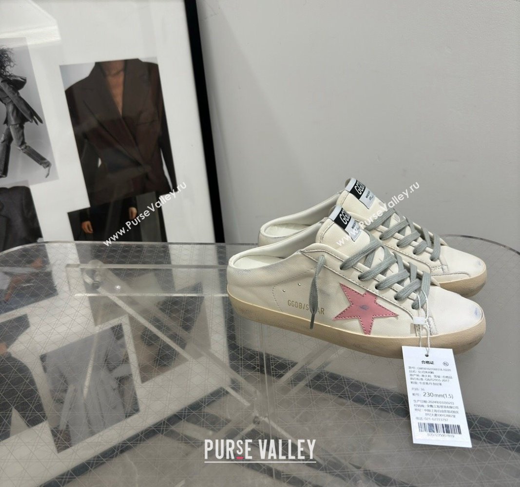 Golden Goose Super Star Sneaker Mules in white leather with light pink star 2024 (13-240530024)