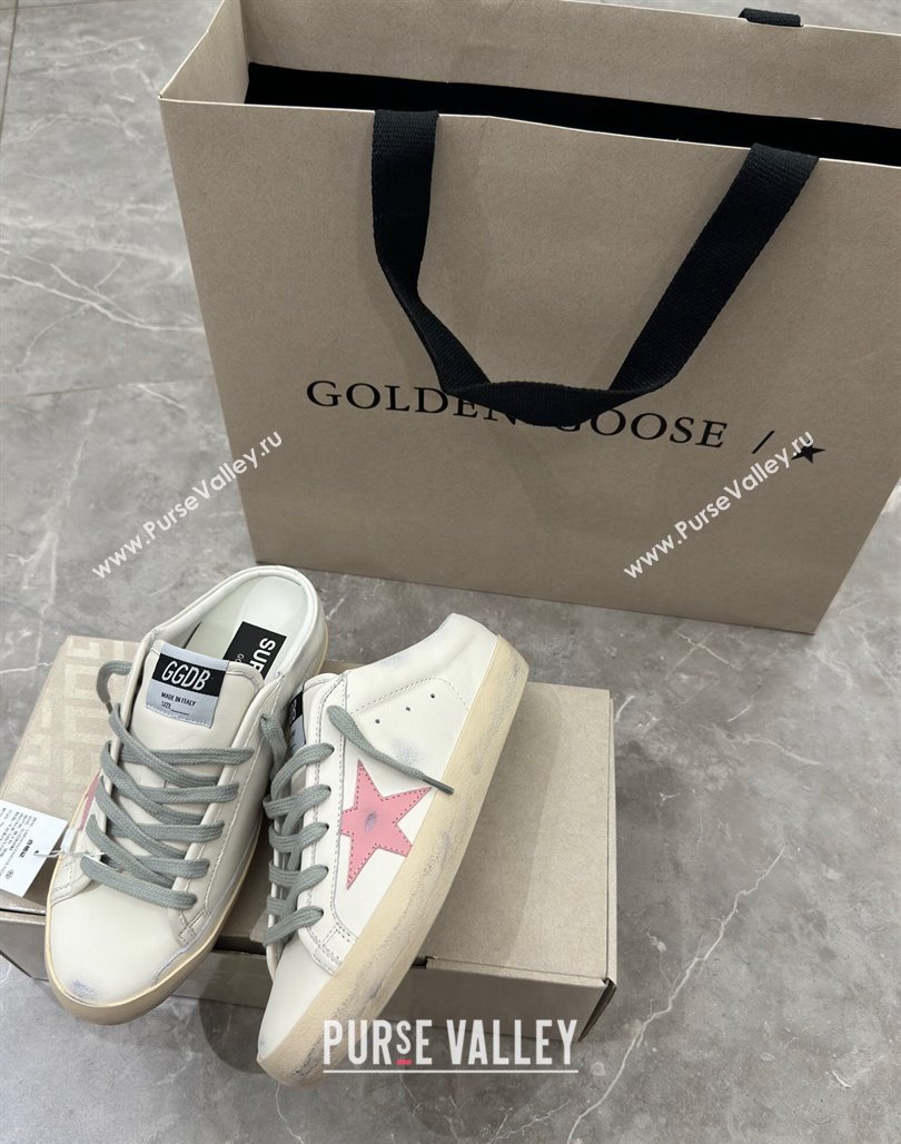 Golden Goose Super Star Sneaker Mules in white leather with light pink star 2024 (13-240530024)