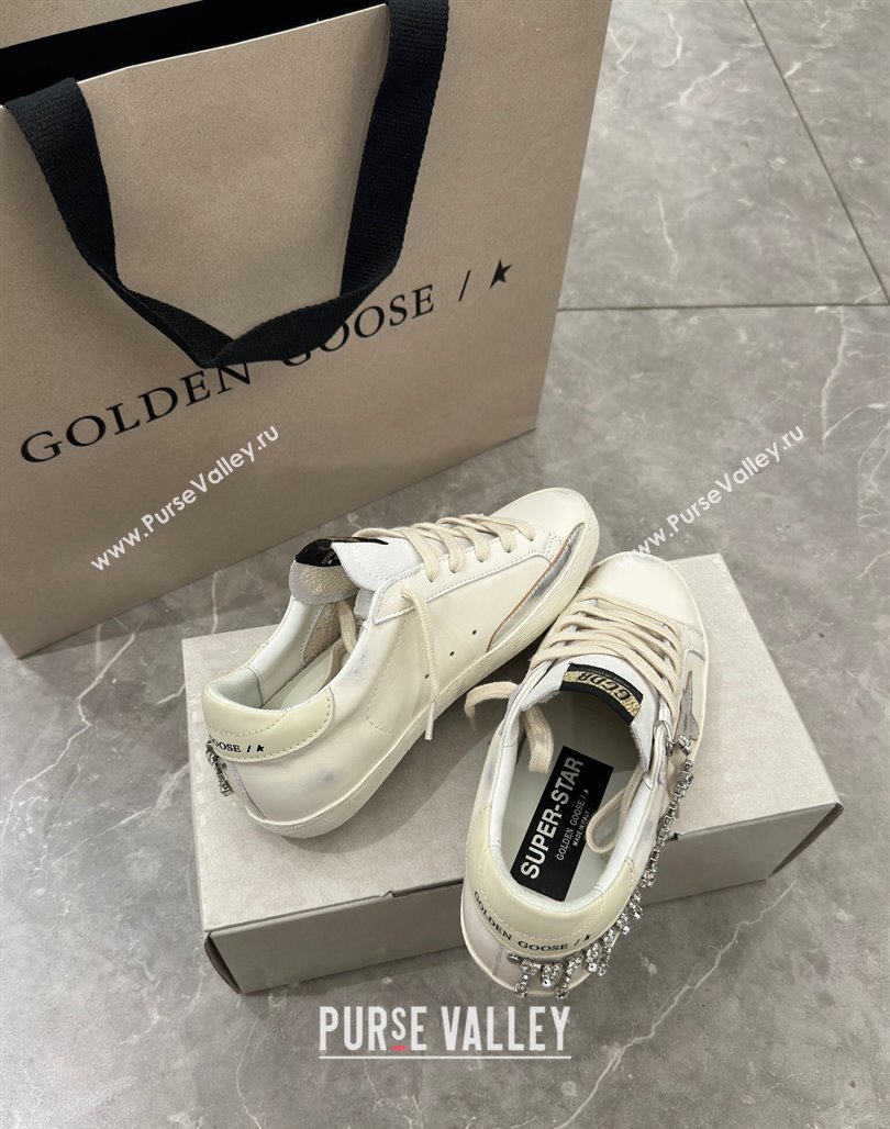 Golden Goose Super-Star Sneakers in white nappa leather with silver metallic leather star and Strass 2024 (13-240530019)