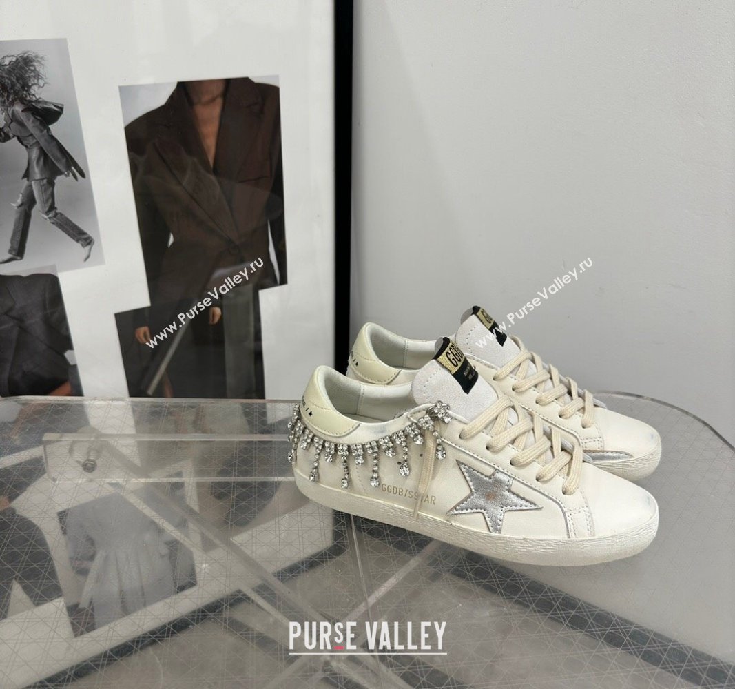 Golden Goose Super-Star Sneakers in white nappa leather with silver metallic leather star and Strass 2024 (13-240530019)