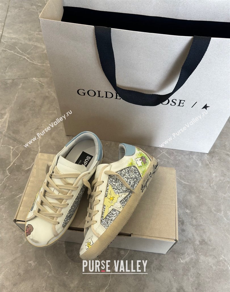 Golden Goose Super-Star Sneakers in Leather and Glitters with Dogs Print White/Light Blue 2024 (13-240530005)