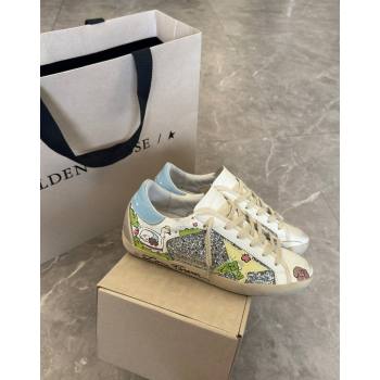 Golden Goose Super-Star Sneakers in Leather and Glitters with Dogs Print White/Light Blue 2024 (13-240530005)