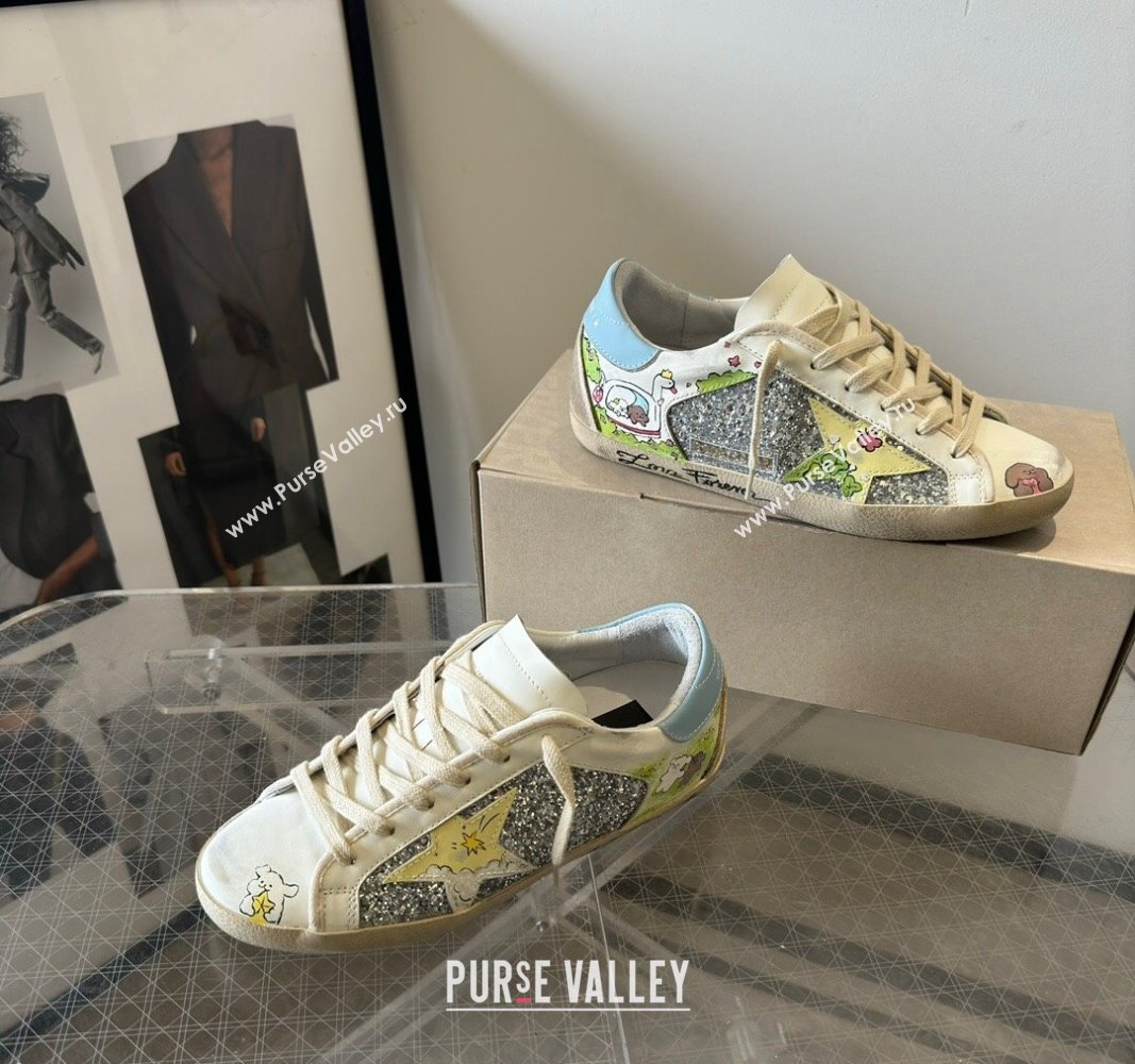 Golden Goose Super-Star Sneakers in Leather and Glitters with Dogs Print White/Light Blue 2024 (13-240530005)